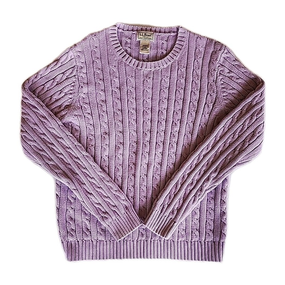 LL Bean Womens‎ Fisherman Cable Knit Sweater Sz M Cotton Lavender Preppy Trad